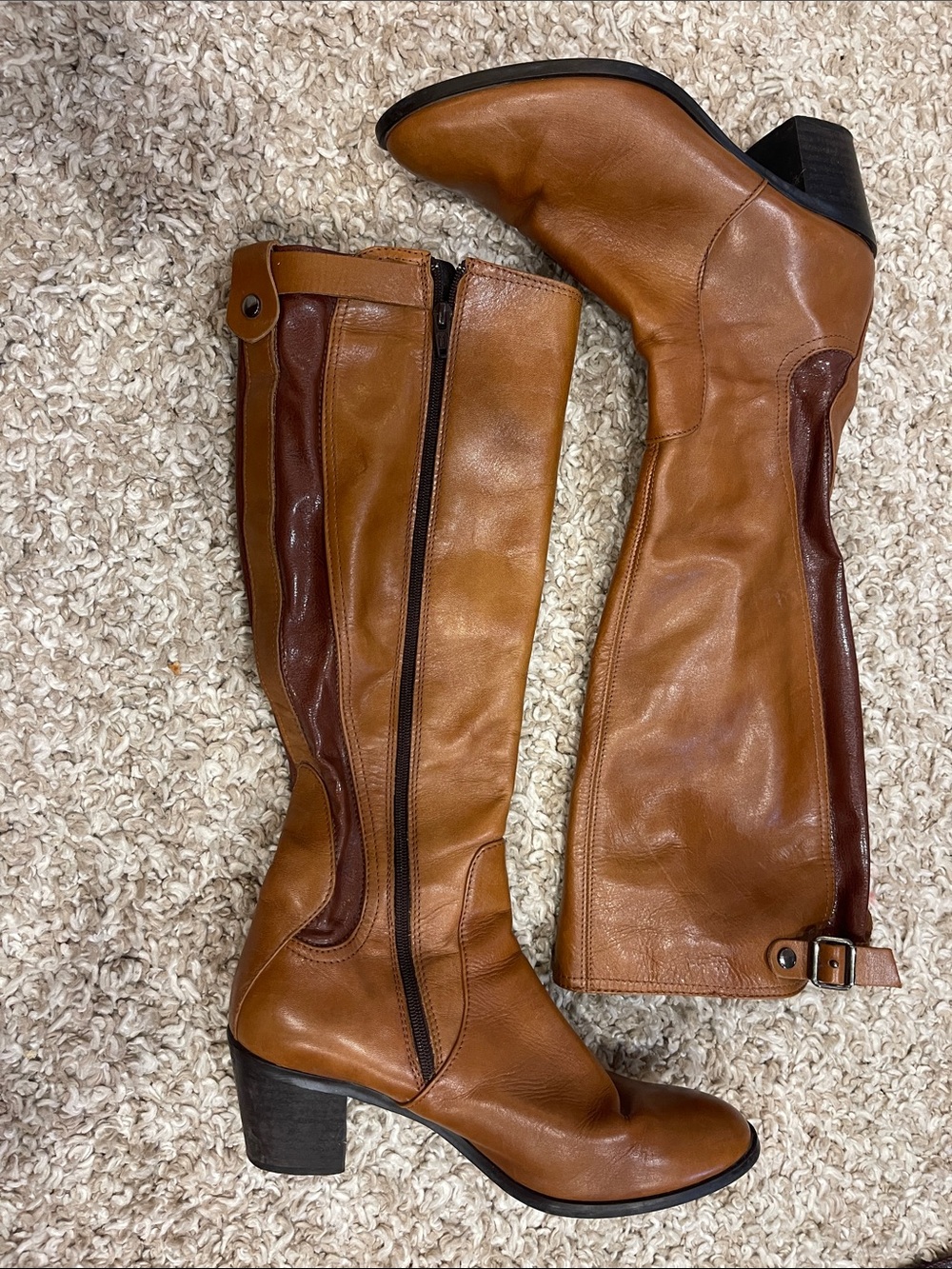 Women’s Tan Over-the-Knee Leather Boots with Dark Brown Panel
